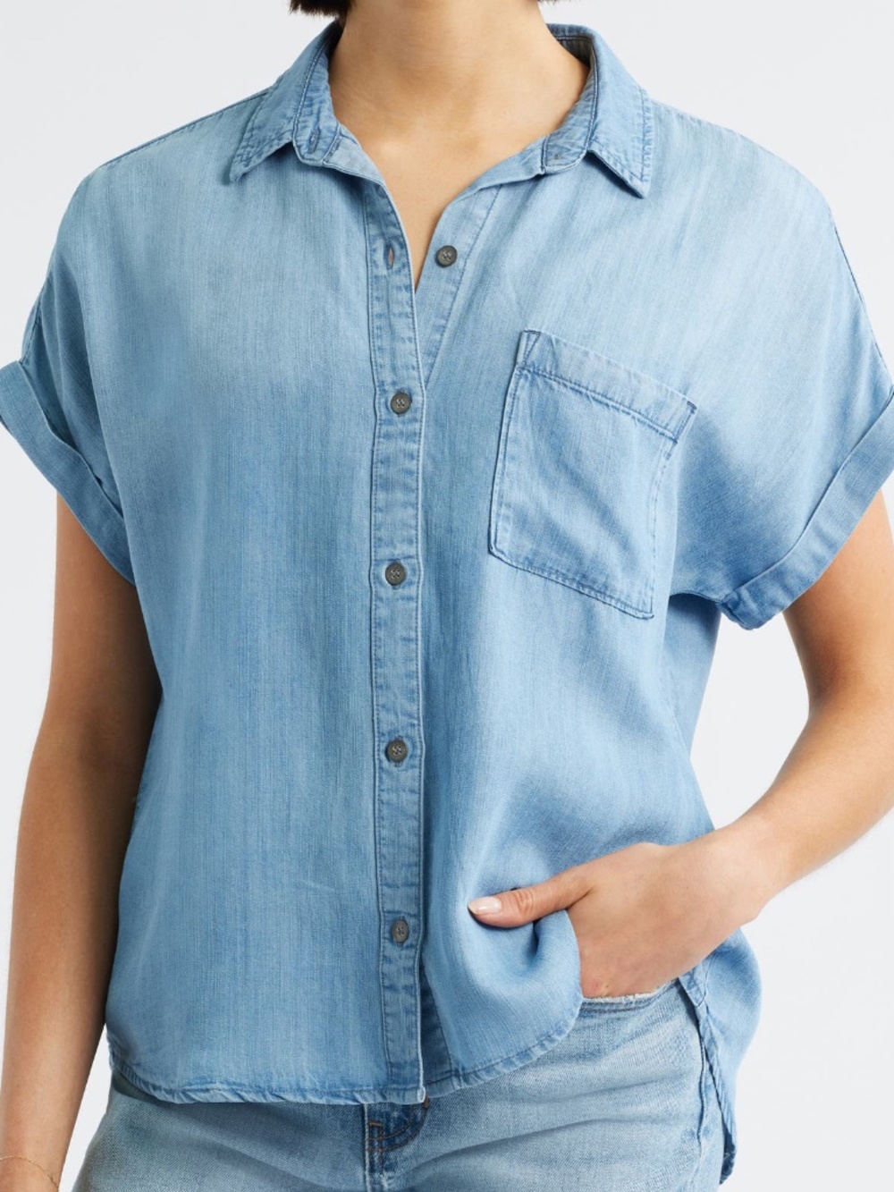 Cloth & Stone Tencel Chambray Button Up Short Sleeve Shirt XL Denim Blue Relaxed